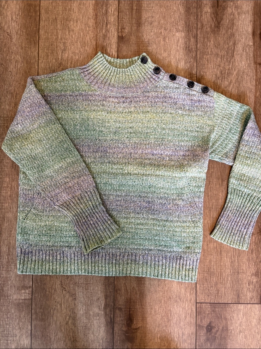 Soft Gradient Green Crewneck Sweater with Button Detail